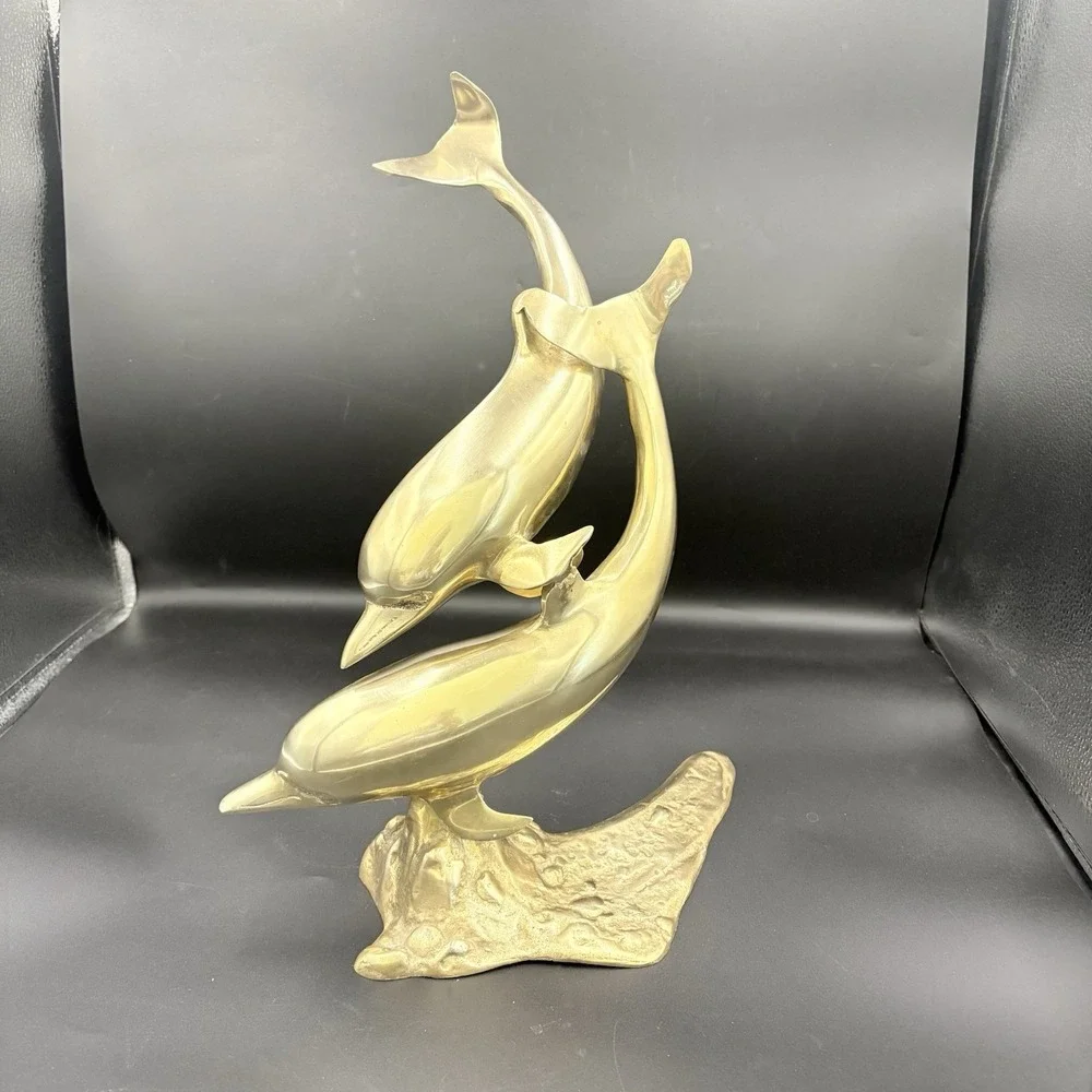 MCM Large Brass Two Dolphins Swimming Sculpture, 15